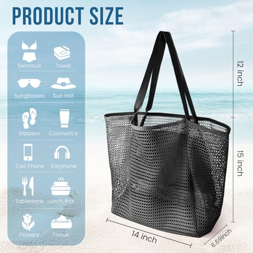 HOHOM Beach Bags for Women, Summer Travel Mesh Tote Bag with Large Inner Pocket, Sandproof Woven Shoulder Handbag - color: 석탄 블랙