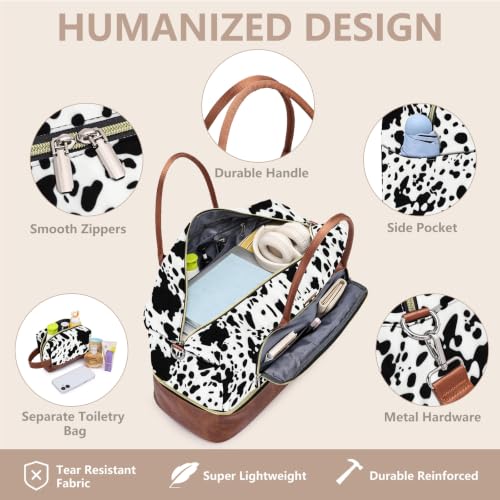Large Women Travel Weekender Bag: Carry on Duffle with Shoe Compartment - color: Black Cow Print