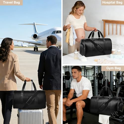 3‑PCS Leather Duffle Bag for Travel, Weekender Overnight Gym Bag Men Women - color: Black