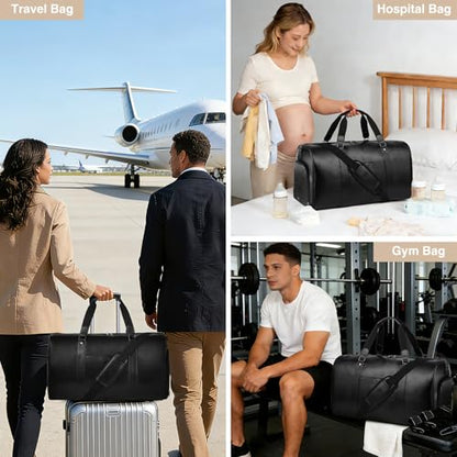 3‑PCS Leather Duffle Bag for Travel, Weekender Overnight Gym Bag Men Women - color: Black