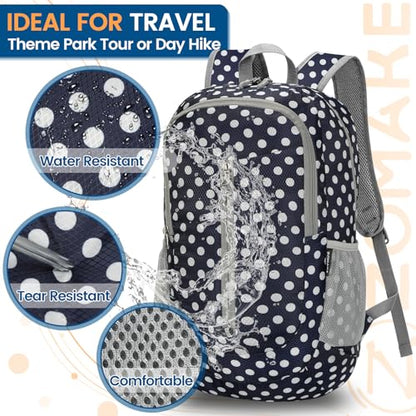 ZOMAKE Lightweight Packable Backpack 25L, Foldable Hiking Daypack - color: Blue, White Polka Dot, size: 25L