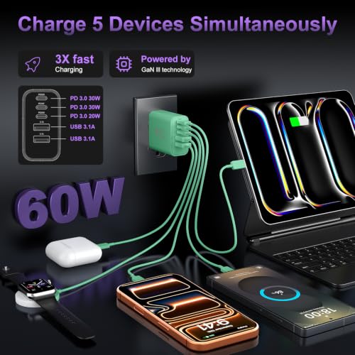 USB C 고속 벽 충전기 블록, 60W USBC 충전 큐브 2팩, 5포트 PD+QC 전원 어댑터 멀티포트 브릭 타입 C 박스 플러그 휴대폰 17/16/15/14/13/12/11/프로 맥스/플러스, 패드 미니/프로/S25/S24-그린 - color: 초록색.