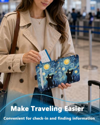 RFID Passport Holder with Tracker Slot, Leather Travel Wallet - color: Starry Sky Cat