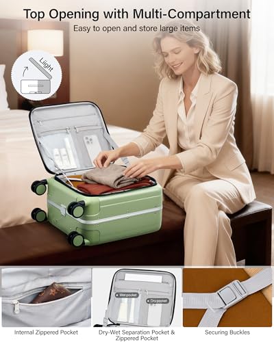 Hanke 16 Inch Small Carry On Luggage, Top Opening Aluminum Frame Suitcase - color: Bamboo Green, size: 16 Inch