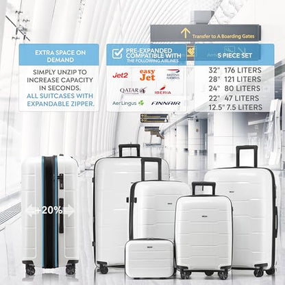 5-Piece Luggage Set Expandable Hardside Polypropylene Suitcase Set with TSA Locks & 8 Silent Spinner Wheels Lightweight Nested Suitcases Travel Set American Airline-Approved Carry-On - White - color: White, size: 5-Piece Set