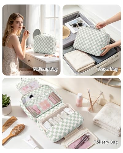 Narwey Hanging Travel Toiletry Bag for Women, Large Makeup Cosmetic Bag - color: A-Mint Green Checkerboard