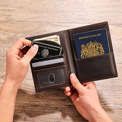 Polare Leather Passport Holder RFID Blocking Travel Bifold Wallet - color: Dark Brown