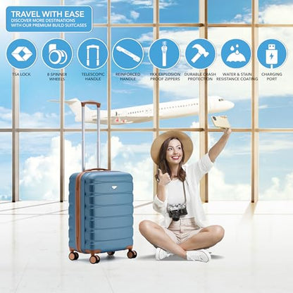 Flight Knight 22x18x10 Expandable Carry On Suitcase Hardside TSA Lock & USB C Port Lightweight Luggage Silent Double Spinner Wheels Maximum Spirit Overhead Carry-On Bag Airlines Approved Blue/Tan - color: Blue/Tan, size: 22x18x10"