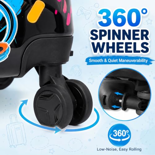 UFNDC Lightweight Hardshell Spinner Kids Suitcase Set 2PCS with Wheels - Airplane Approved Carry-On Luggage for Boys & Children Ages 3-10, Fun Game Rolling Suitcases for Elementary Toddler Travel - color: Black Fun Game Luggage 2PCS Set