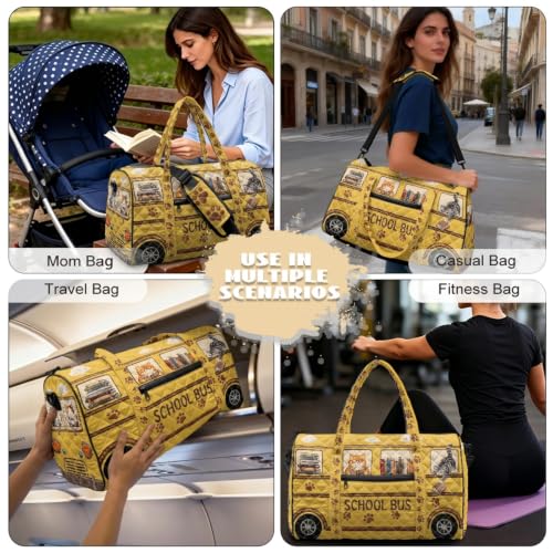 Cat Quilted Duffle Bag for Women, Hippie Bus Weekender Bags - color: Reading Cat
