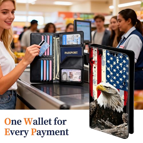 Passport Wallet for Women,Travel Wallet Passport Holder RFID Blocking - color: American Flag Eagle