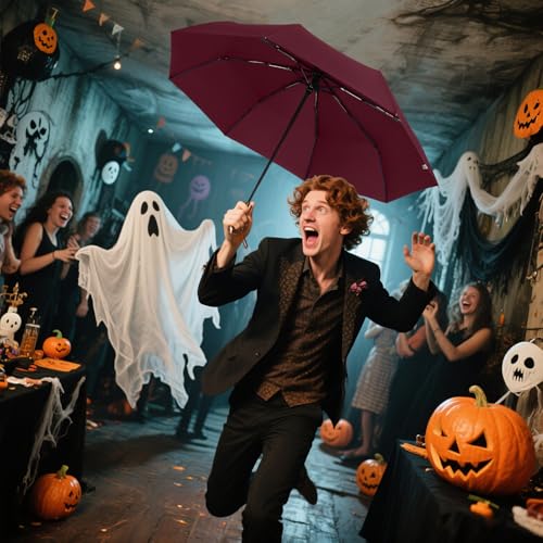 Skull Handle Windproof Travel Umbrella Compact Portable, Auto Open Close - color: 07.Wine Red
