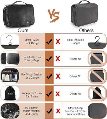 Elviros Hanging Toiletry Bag Removable Travel Bag PU leather Makeup Cosmetic Organizer Kit, Black - color: Black, size: 1 Pack