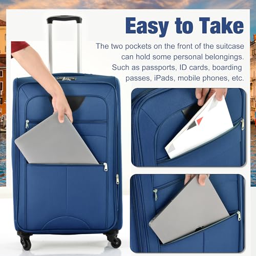Luggage Set,Softside Polyestey with front pockets,4 Piece，Blue | Suitcase set,with 360° Spinner Wheels and TSA Locks,Expandable,for organized travel,duffel & toiletry bag,22/26/30 Inch - color: Blue