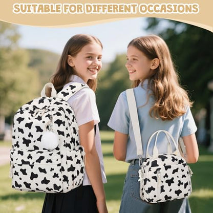 ACESAK 3PCS Corduroy Girls Backpack w/Lunch Box & Pencil Bag (Cow Print) - color: Milk Cow