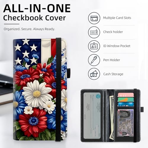 Patriotic Flag Daisy Premium Leather Checkbook Cover for Men Women, Multi-Functional Long Wallet with RFID Blocking, Business Card Holder&Pen Loop Slim Design - color: Patriotic Flag Daisy