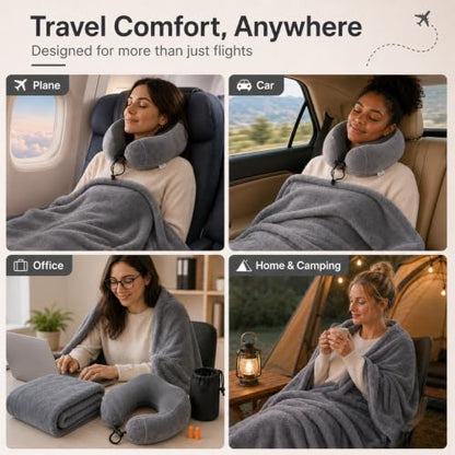 Travel Blanket and Pillow Set - Neck Pillow Airplane Essentials, Dark Grey - color: Dark Grey