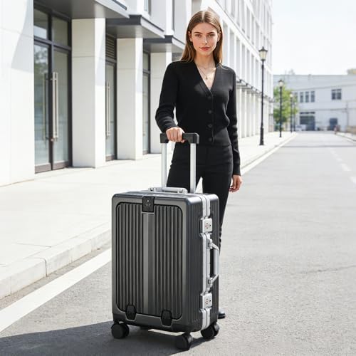 Aluminum Frame Carry On Luggage with Front Pocket, Graphite - color: Graphite, size: 20 Inch