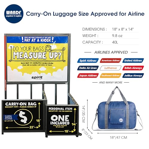 WANDF Foldable Personal Item Travel Bag, Carry on Duffle Bag - color: Navy Blue 40L