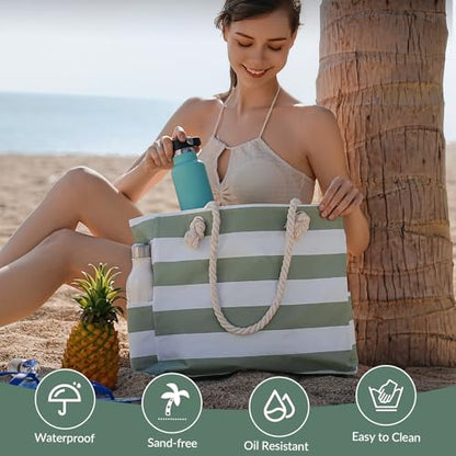 Clothirily Beach Bag for Women, Large Beach Tote Bag Waterproof with Zipper - color: Green