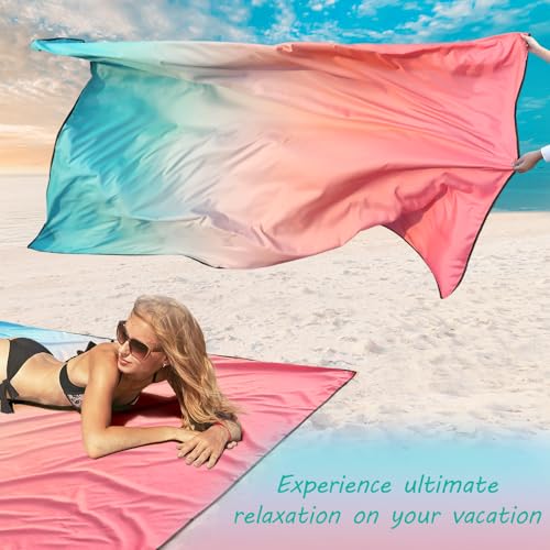 AISPARKY Beach Blanket Waterproof Sandproof,Extra Large,Picnic Blankets - color: Gradient - Pink Green, size: 9' x 6'7"