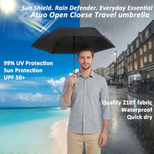 BAODINI Compact Travel Umbrella Small Windproof Auto Open Close for UV Sun Protection UPF 50+ and Rain Fits Backpack Purse & Suitcase - color: Black