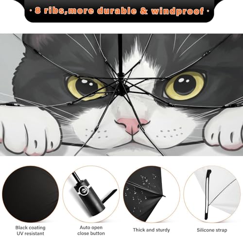 JIPONI Windproof Travel Umbrellas 01 - Large Compact Umbrella for Rain & Sun, Automatic Anti-UV Protection and Light Folding for Backpack & Car - color: Cat