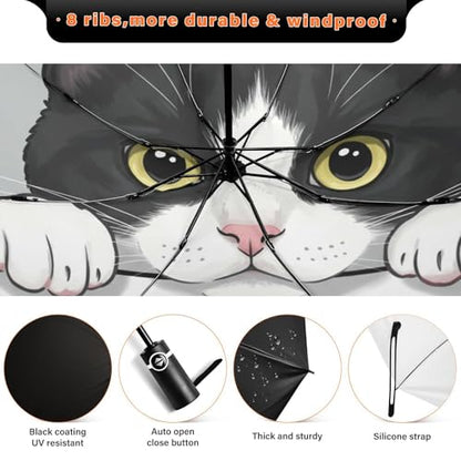 JIPONI Windproof Travel Umbrellas 01 - Large Compact Umbrella for Rain & Sun, Automatic Anti-UV Protection and Light Folding for Backpack & Car - color: Cat