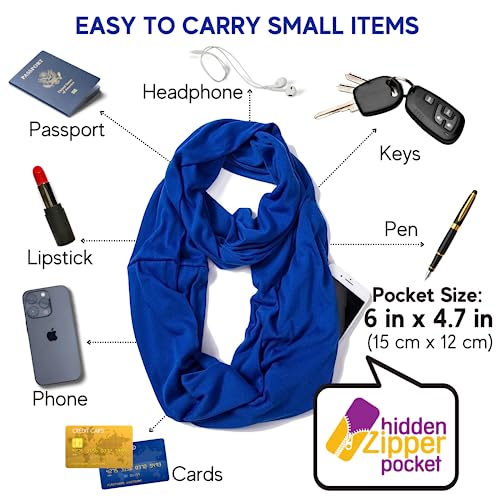 elzama Infinity Loop Solid Color Scarf With Hidden Zipper Pocket For Women - Lightweight Travel Neck Wrap - color: 08-royal Blue