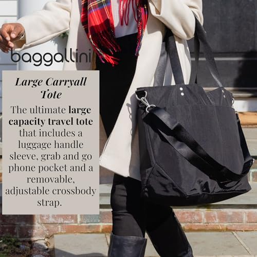 Baggallini Carryall Tote - Lightweight Nylon Zipper Top Weekender Travel Beach Bag w/Luggage Sleeve - color: Red Buffalo Plaid