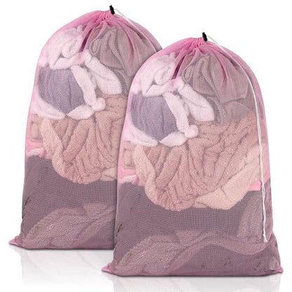 2 Pack Mesh Laundry Bags 23x34 Inch Drawstring Locking for Travel Home - color: Pink