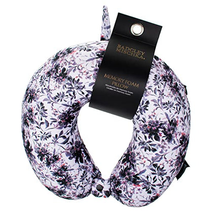 Badgley Mischka Memory Foam Travel Neck Pillow Pillow (Grey Floral) - color: Grey Floral