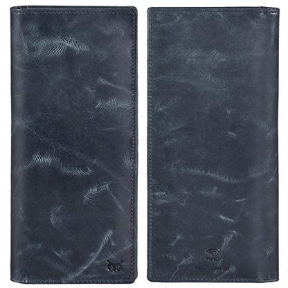 Long Wallet for Men Women Leather Slim Bifold RFID Blocking Card Holder | Real Top Grain Leather, Stylish 18 Credit Card Slots, 2 ID Windows, 2 Currency Sleeves, Gift Box, (Navy, Wax Pull Up) - color: Navy Wax Pull Up