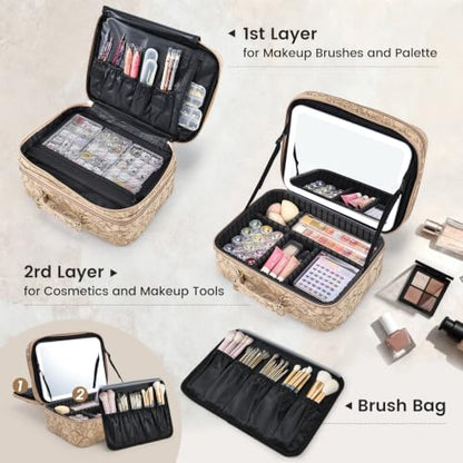 Makeup Bag with LED Lighted Mirror 12.2 IN Cosmetic Train Case Double Layer - color: 12.2 Inch Khaki Floral