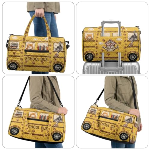 Cat Quilted Duffle Bag for Women, Hippie Bus Weekender Bags - color: Reading Cat