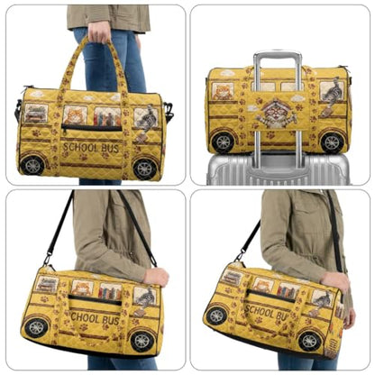 Cat Quilted Duffle Bag for Women, Hippie Bus Weekender Bags - color: Reading Cat