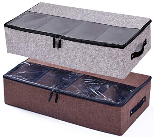 AARAINBOW 2 Packs Foldable Under Bed Shoes Organizer with Lids, Underbed Clothes Storage Container with Divider, UnderBed Storage Bins Box with Clear Window (Gray+Coffee) - color: Coffee,Gray