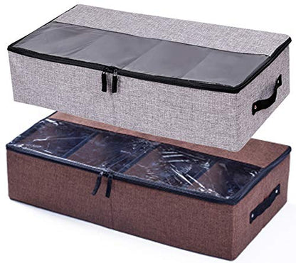 AARAINBOW 2 Packs Foldable Under Bed Shoes Organizer with Lids, Underbed Clothes Storage Container with Divider, UnderBed Storage Bins Box with Clear Window (Gray+Coffee) - color: Coffee,Gray