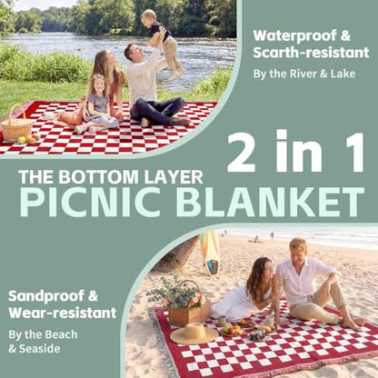 RYCHIC 2 in 1 Extra Large Outdoor Rug Picnic Blanket Camping Mat Lightweight Oversized Giant Turkish Boho Beach Mexican Serape Cobijas Mexicanas para Mesa Park Stadium Outside Festival Grass Hammock - color: Checkered Red