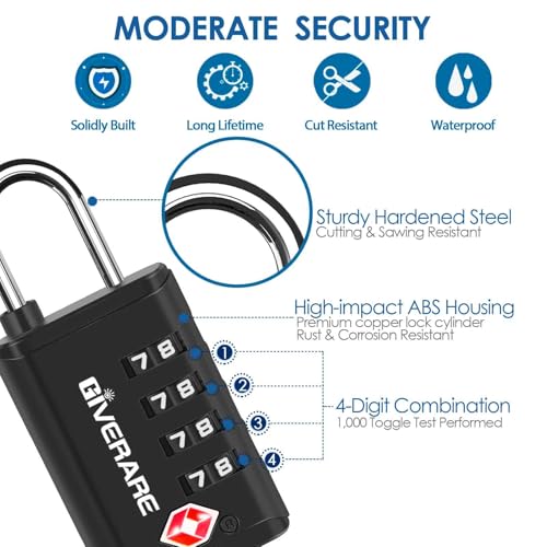4 Pack TSA Approved Travel Luggage Locks 4-Digit, Open Alert Suitcase Combination Lock, Keyless Zipper Padlocks, TSA Accepted Compatible Padlock for Gym Locker, Golf Bag Case, Anti Theft-Black