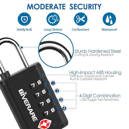 4 Pack TSA Approved Travel Luggage Locks 4-Digit, Open Alert Suitcase Combination Lock, Keyless Zipper Padlocks, TSA Accepted Compatible Padlock for Gym Locker, Golf Bag Case, Anti Theft-Black