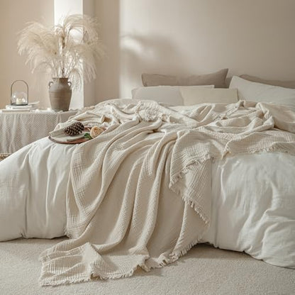 Muslin Fringe Blankets for Adults: 100% Cotton Cloud Soft King - color: Beige, size: King (104" × 90")
