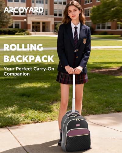 Arcoyard Rolling Backpack for Women, 15.6 Inch Travel Backpack with Wheels - color: Black Purple, size: 15.6-inch