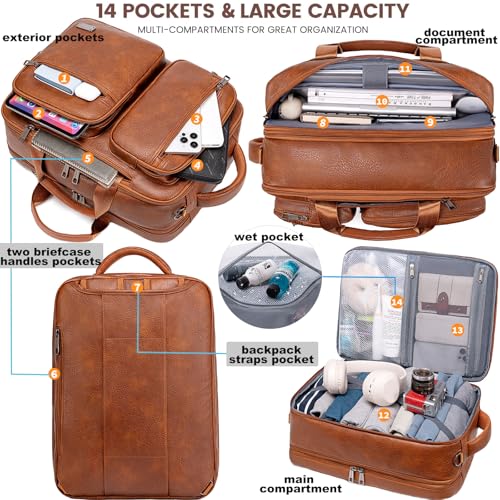 weiatas 3-in-1 Vegan Leather Convertible Laptop Bag for Men Women, Expandable Travel Backpack Work Briefcase Messenger Bag - color: Brown