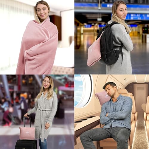 BlueHills Premium Soft Long Travel Blanket Pillow Combo – Dusty Rose Pink | Long 70x48 Travel Blanket Pillow 2 in 1, Soft Pillowcase, Backpack Clip, Compact & Portable, Large Throw Traveling Essentials - color: Pink-long-t055