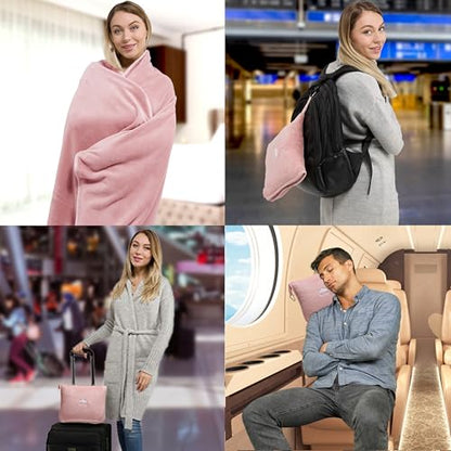 BlueHills Premium Soft Long Travel Blanket Pillow Combo – Dusty Rose Pink | Long 70x48 Travel Blanket Pillow 2 in 1, Soft Pillowcase, Backpack Clip, Compact & Portable, Large Throw Traveling Essentials - color: Pink-long-t055