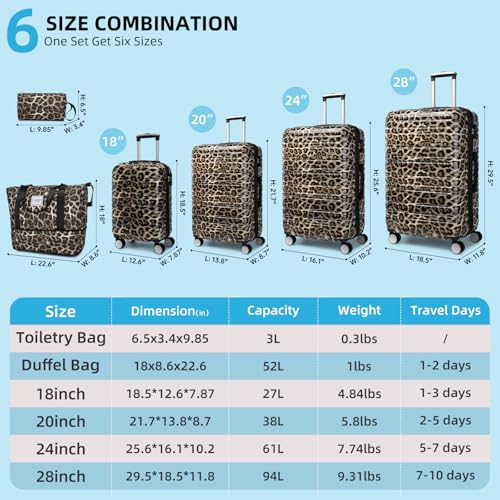 LARVENDER Luggage Sets 6 Piece Expandable Suitcase with Wheels, Cheetah - color: Cheetah 6pcs, size: Family Set