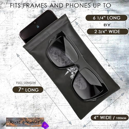 Soft Sunglasses case | Large Glasses Case Holder - Eyeglass Pouch Squeeze Top | Glasses pouch Lightweight Extra Layers - color: Dark Grey Skulls