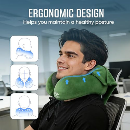 SkytraxComf® Travel Neck Pillow with Hood for Privacy on Long Flights - color: Olive