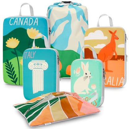 Gonex 6-Piece Compression Packing Cubes with Shoe & Laundry Bags - color: 6-Global Symbols, size: 6 Set